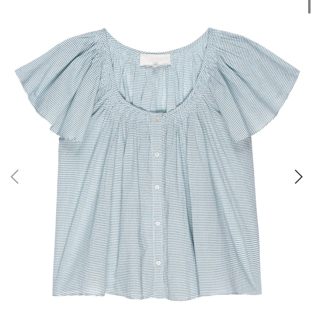 THE GREAT. Light Blue Striped Flutter Sleeve Blouse